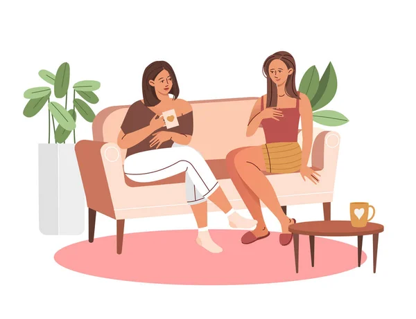 Zwei glücklich lächelnde weibliche Charaktere sitzen auf der Couch und lachen gemeinsam auf weißem Hintergrund — Stockvektor