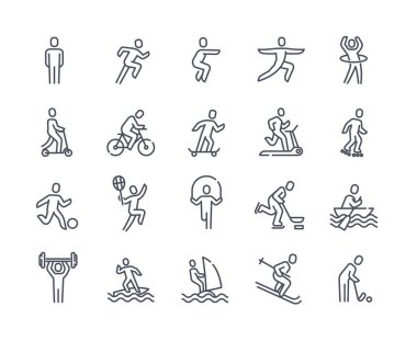 Beyaz arkaplanda doğrusal spor simgeleri koleksiyonu