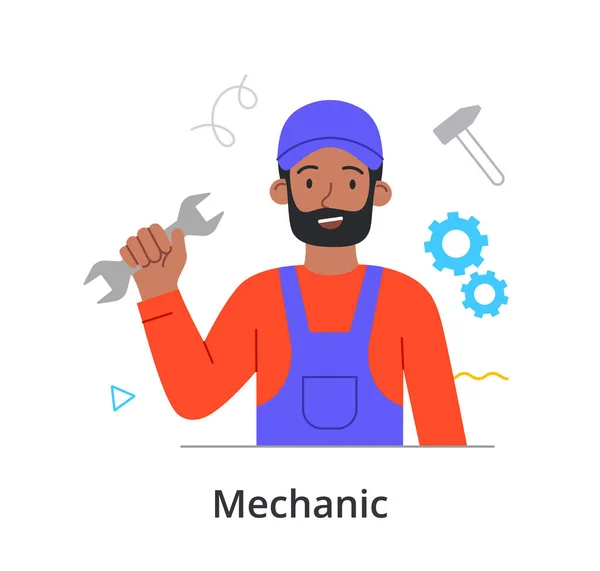 Personagem masculino sorridente está gostando de trabalhar como mecânico em fundo branco — Vetor de Stock