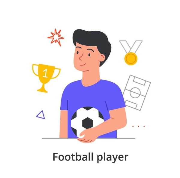 Jovem personagem masculino está desfrutando está fazendo uma carreira de jogar futebol no fundo branco — Vetor de Stock