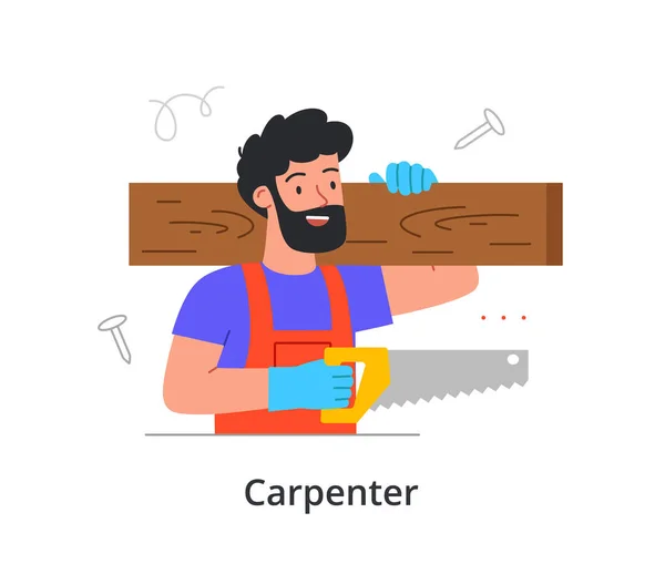 Caráter masculino barbudo alegre está gostando de trabalhar como carpinteiro no fundo branco — Vetor de Stock