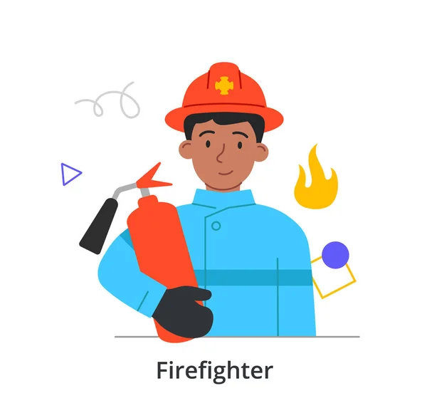 Jeune personnage masculin est enjoignant de travailler comme pompier sur fond blanc — Image vectorielle
