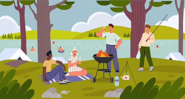 Heureux personnages masculins et féminins passent du temps au barbecue au bord de la rivière ensemble — Image vectorielle