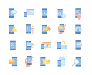 Beyaz arkaplanda renkli mobil uygulama simgeleri kümesi