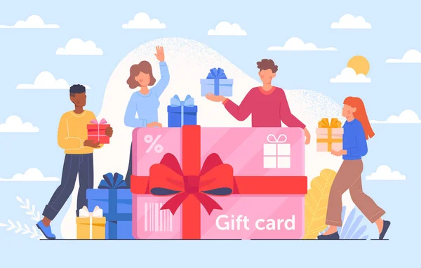 Felices clientes masculinos y femeninos están recibiendo una tarjeta de regalo con cielo azul en el fondo — Vector de stock