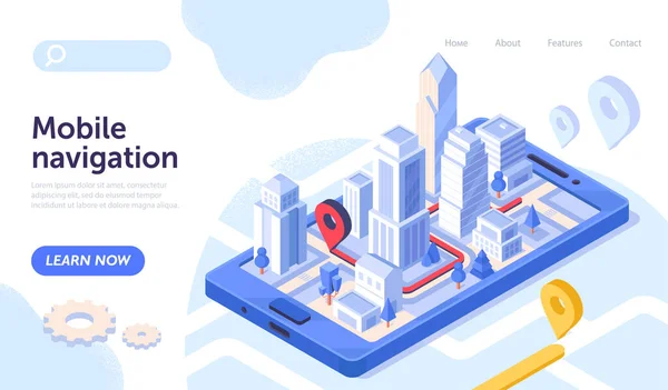 Mobil navigasyon uygulaması olarak ekranda şehir görünümü haritası olan akıllı telefon — Stok Vektör