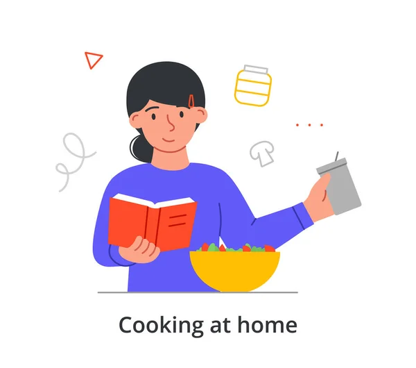 Молодий обдурений жіночий персонаж готує вдома за допомогою кулінарної книги на білому тлі — стоковий вектор