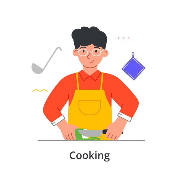 メガネの若い笑顔の男性キャラクターは、彼が白い背景に自宅で作る料理のための食材を切断しています — ストックベクタ