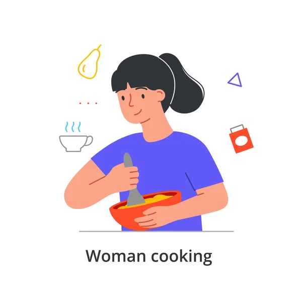 Lindo personaje femenino joven está preparando un plato en un plato profundo en casa sobre fondo blanco — Archivo Imágenes Vectoriales