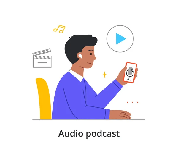 Young smiling male character is listening to audio podcast on his smartphone on white background — Stock Vector