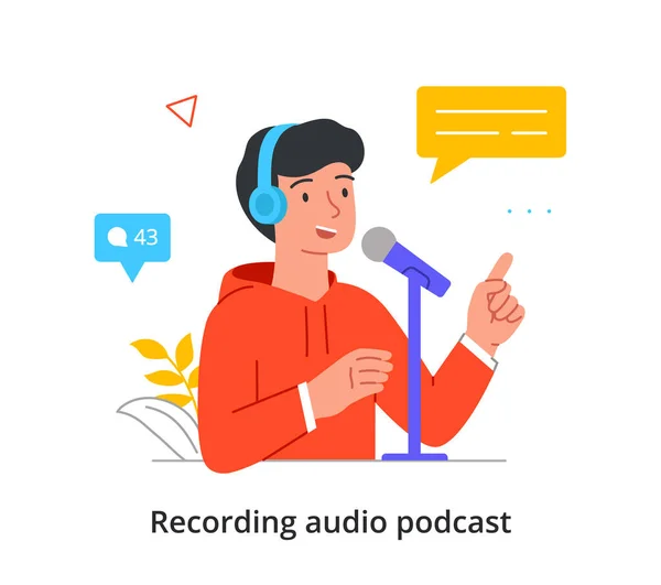Smiling male character is recording an audio podcast in a professional studio on white background — Stock Vector