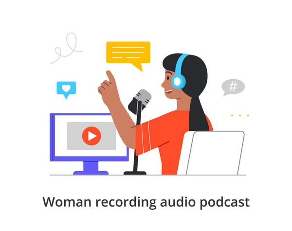 Happy female character is recording an audio podcast with professional equipment on white background — Stock Vector