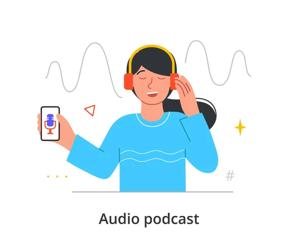 Fröhliche weibliche Figur hört gerne einen Audio-Podcast auf ihrem Smartphone auf weißem Hintergrund — Stockvektor