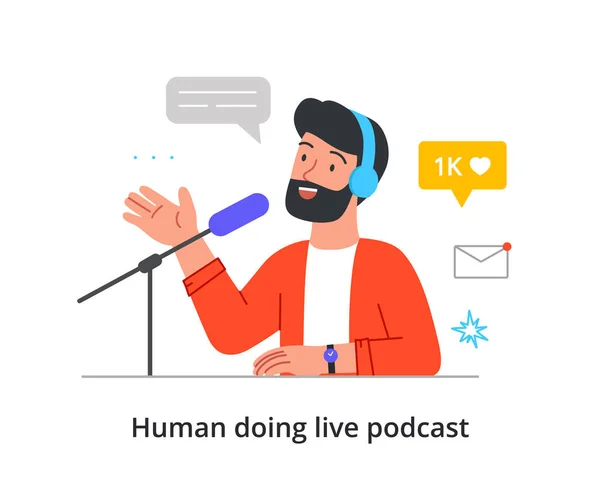 Cheerful bearded male character is recording live audio podcast in a studio on white background — Stock Vector