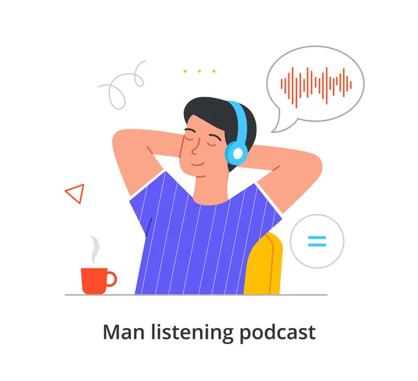 Νέοι χαρούμενα αρσενικό χαρακτήρα ακούει ήχου podcast στο smartphone του με τα μάτια κλειστά σε λευκό φόντο — Διανυσματικό Αρχείο