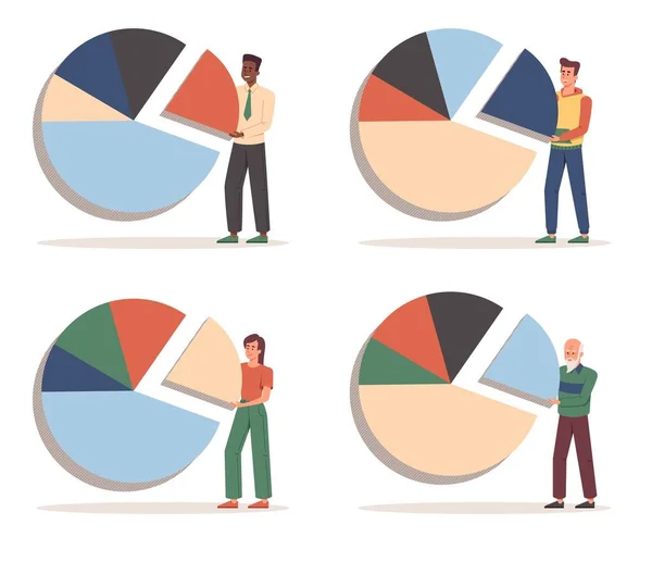 Conjunto de personajes masculinos están de pie cerca de gráficos circulares para invertir en fondo blanco — Archivo Imágenes Vectoriales