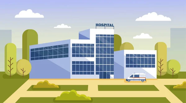 Σύγχρονη πόλη γυάλινο κτίριο του δημόσιου νοσοκομείου με ασθενοφόρα και ασθενείς — Διανυσματικό Αρχείο