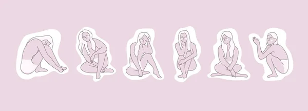 Set con hermosa imagen de una figura femenina sobre fondo rosa — Vector de stock