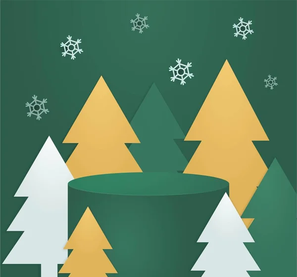 Mignon podium vert avec des arbres de Noël colorés sur fond vert avec des flocons de neige — Image vectorielle