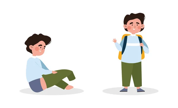 Mignon petit enfant est habiller ou changer pantalon vert sur fond blanc — Image vectorielle