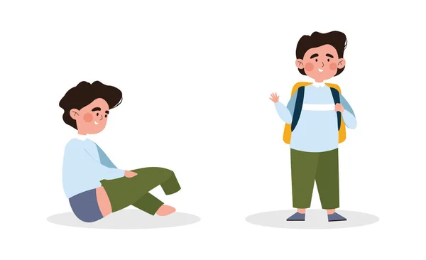 Lindo niño se está vistiendo o cambiando los pantalones verdes sobre fondo blanco — Vector de stock