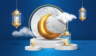 Cute islamic podium with fluffy clouds, gold crescent moon and lanterns hanging on dark blue background clipart