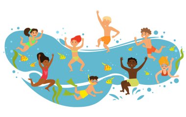 Mutlu çocuklar, beyaz arka planda suyun altına birlikte dalarken eğleniyorlar.