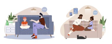 Çocuklar ve ailelerin beyaz arka planda konuştuğu sahneler.