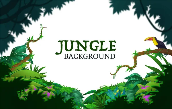 Netter bunter Hintergrund mit Dschungelpflanzen und grünem Schriftzug — Stockvektor