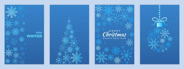 Ensemble festif de cartes postales de voeux avec joyeux Noël et bonne année sur fond bleu clair — Image vectorielle