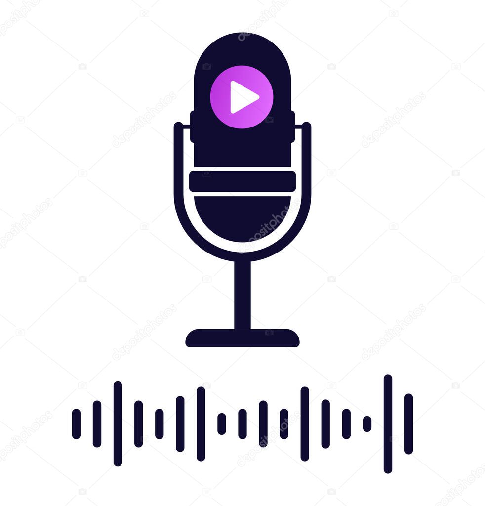 Microphone icon for podcasts. Sticker with audio track and voice recording gadget. Design element for social networks. Logo for blog. Cartoon flat vector illustration isolated on white background