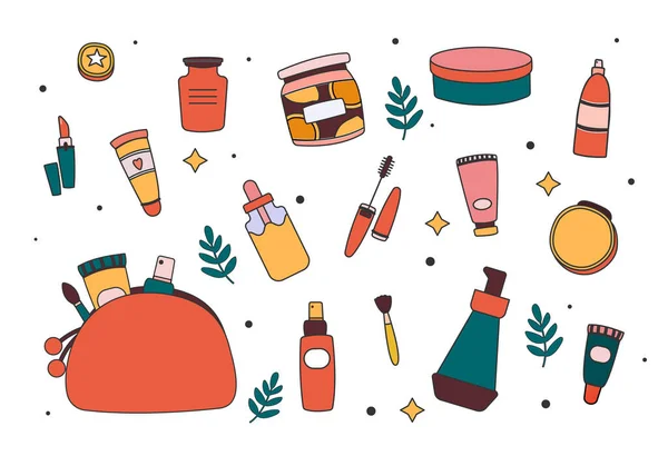 Verzameling van stickers met cosmetische producten — Stockvector