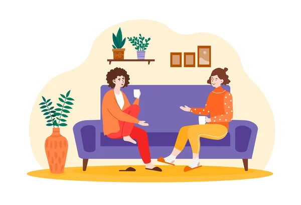 Sorridenti amiche donne stanno bevendo tè a casa insieme — Vettoriale Stock