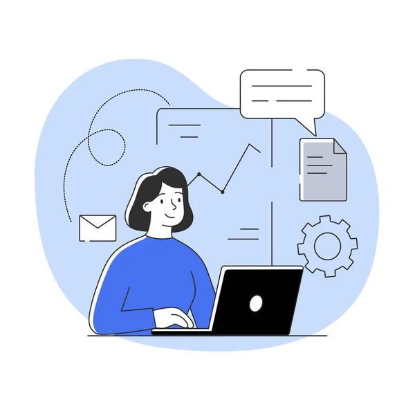 Personnage féminin travaille sur le développement de démarrage sur ordinateur sur fond blanc — Image vectorielle