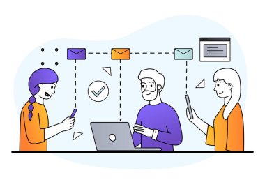 Beyaz arka planda yöneticilere mesaj gönderen iki kadın karakter