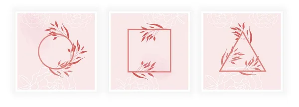 Mignon ensemble de cartes postales avec des formes géométriques linéaires et des fleurs sur fond rose — Image vectorielle