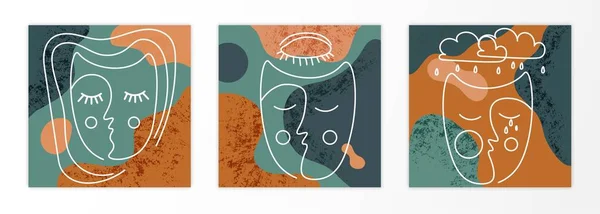 Set de fețe moderne abstracte contur cu linie continuă pe fundal colorat — Vector de stoc