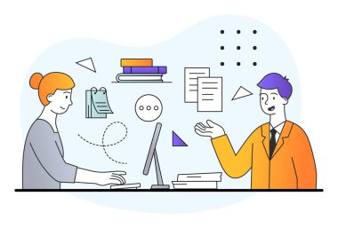 Erkek karakter ofiste beyaz arka planda yeni bir çalışana ders veriyor.