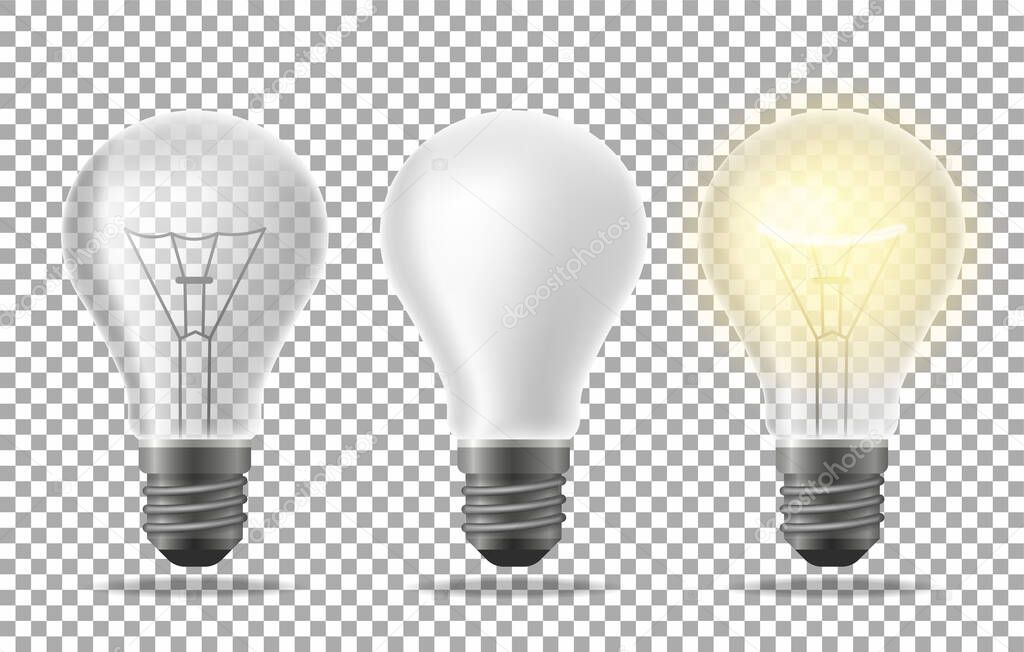 Set of realistic lightbulbs on transparent background