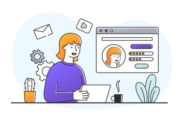 Gülümseyen kadın karakter beyaz arkaplanda internet profili oluşturuyor