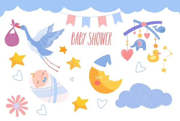 Lindo conjunto de ducha de bebé con bebé pequeño y otros elementos infantiles — Vector de stock