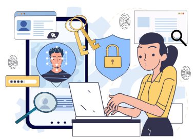 Dizüstü bilgisayarlı kadın. Biyometrik güvenlik simgeleri, yüz tanıma sistemi, parmak izi şifre elemanları. Dijital kimlik güvenliği kavramı. Sanatçı tarafından elle çizilmiş orijinal çizim, yapay zeka tarafından değil.