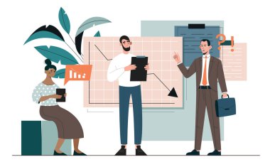 İş adamları finansal kaybı, azalan grafiklerle tartışıyor, beyaz arka planda modern düz grafik tarzı. Ekonomik kriz kavramı. Vektör illüstrasyonu