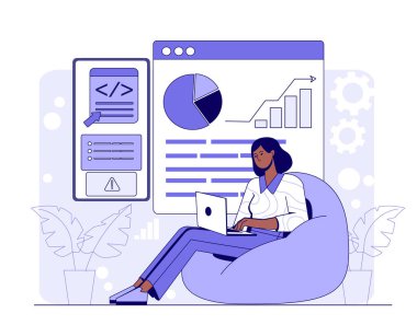 Fasulye torbası üzerinde oturan kadın dizüstü bilgisayar kullanıyor, grafikler, ve arka planda kod arayüzü var, beyaz arka planda düz bir tarzı var. Veri analizi kavramı. Vektör illüstrasyonu