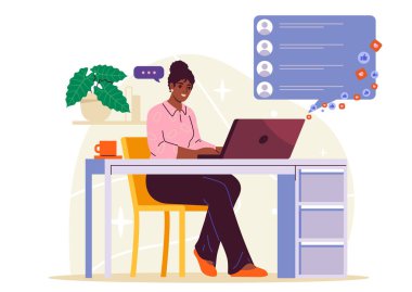 Sosyal medya sohbet simgeleriyle dizüstü bilgisayar kullanan bir kadın, düz grafik tarzı, bitki ve kupa ile kapalı arka plan, iletişim ve teknoloji kavramı. Vektör illüstrasyonu