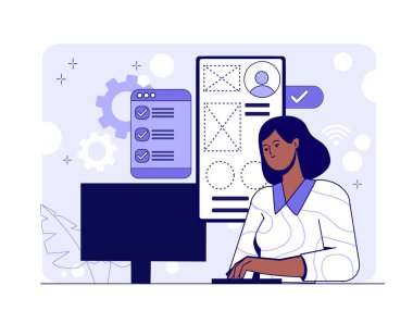 Bilgisayarda kullanıcı arayüzü tasarımları yapan kadın, düz grafik tarzı, soyut teknoloji geçmişi. UI UX geliştirme ve dijital tasarım kavramı. Vektör illüstrasyonu