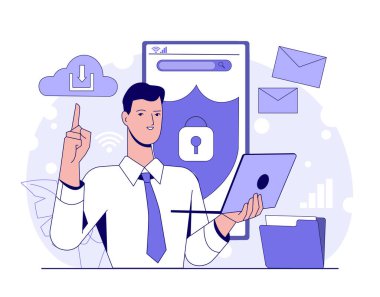 Resmi giyinmiş bir adam, arka planda beyaz arkaplanda e-posta, bulut indirme ve asma kilit simgeleri olan bir tablet kullanıyor. Veri koruması kavramı. Vektör illüstrasyonu