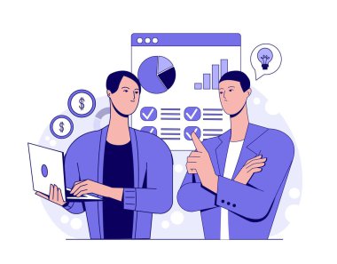 İki iş adamı analitiği grafiklerle, grafiklerle ve dolar işaretleriyle beyaz arka planda tartışır. Takım çalışması ve planlama kavramı. Vektör illüstrasyonu