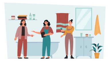 Üç kadın banyoyu yeniliyor, biri ingiliz anahtarı tutuyor, diğeri de bir pano ile, açık mavi arka planda, modern düz bir şekilde. Takım çalışması kavramı. Vektör illüstrasyonu