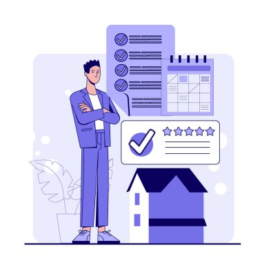 Liste, takvim ve soyut arka planda derecelendirme yıldızları olan ev ikonu yanında duran bir işadamı. Gayrimenkul kalite kontrolü kavramı. Vektör illüstrasyonu